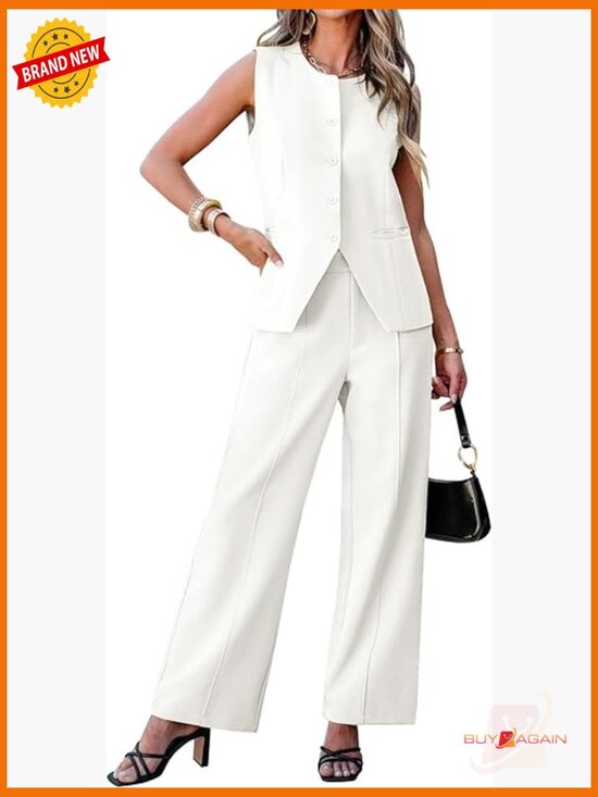 Pants - Dressy 2 Piece Pantsuit Set Sleeveless Blazer Wide Leg Pants Business Casual